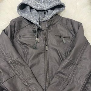 Gray hooded leather jacket